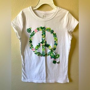 7/8 girls St Patrick’s day peace & shamrocks top